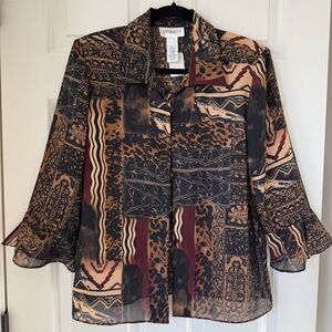 Vtg 90s Studio 1 Blouse Sz‎ 12 Colorful Geometric Mod Button Up Ruffle Vintage